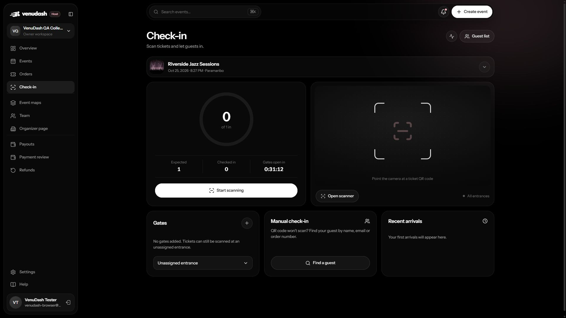 Check-in dashboard with event selection, admissions and Start scanning