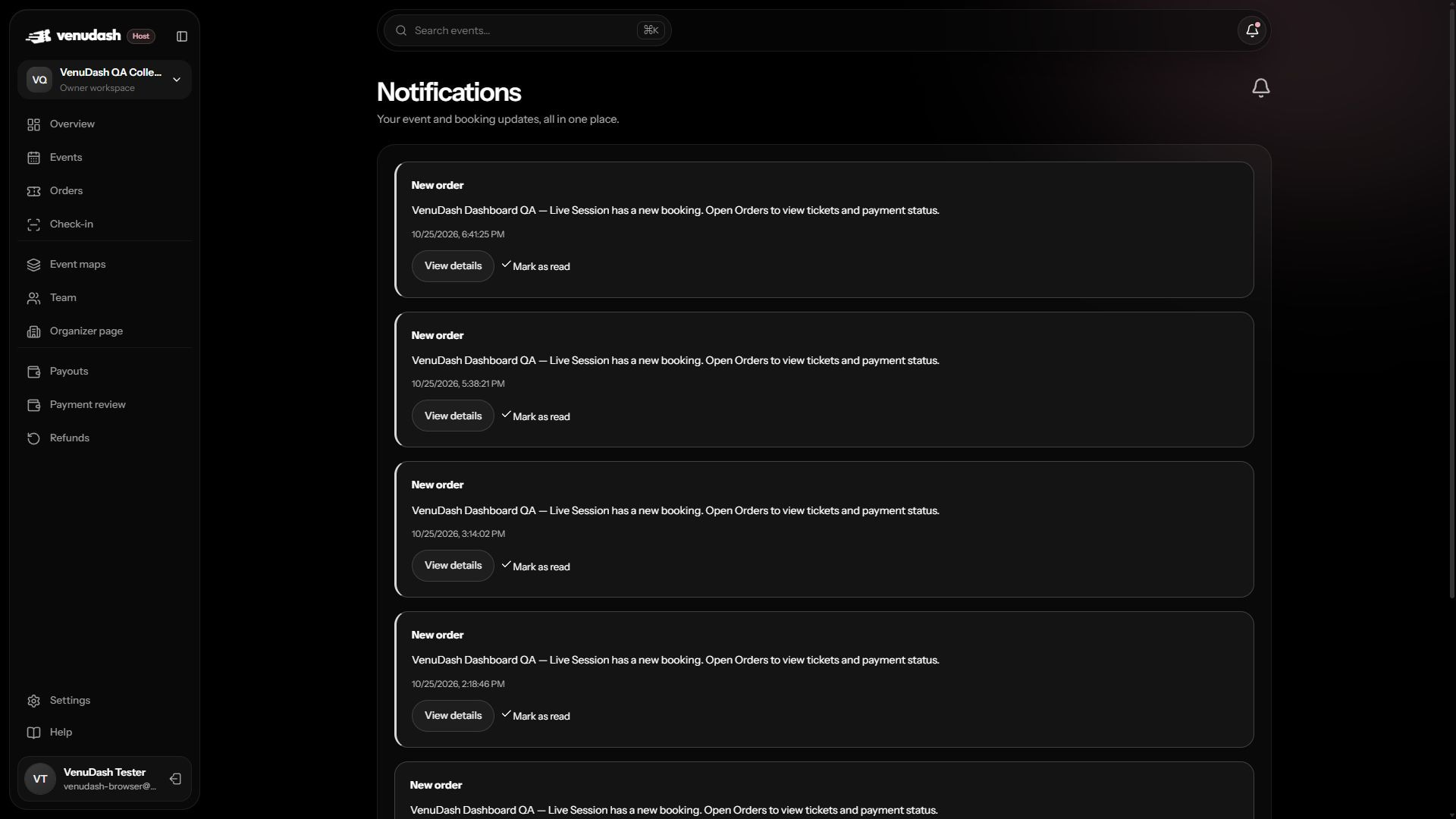 Notifications page with clear spacing below the dashboard search