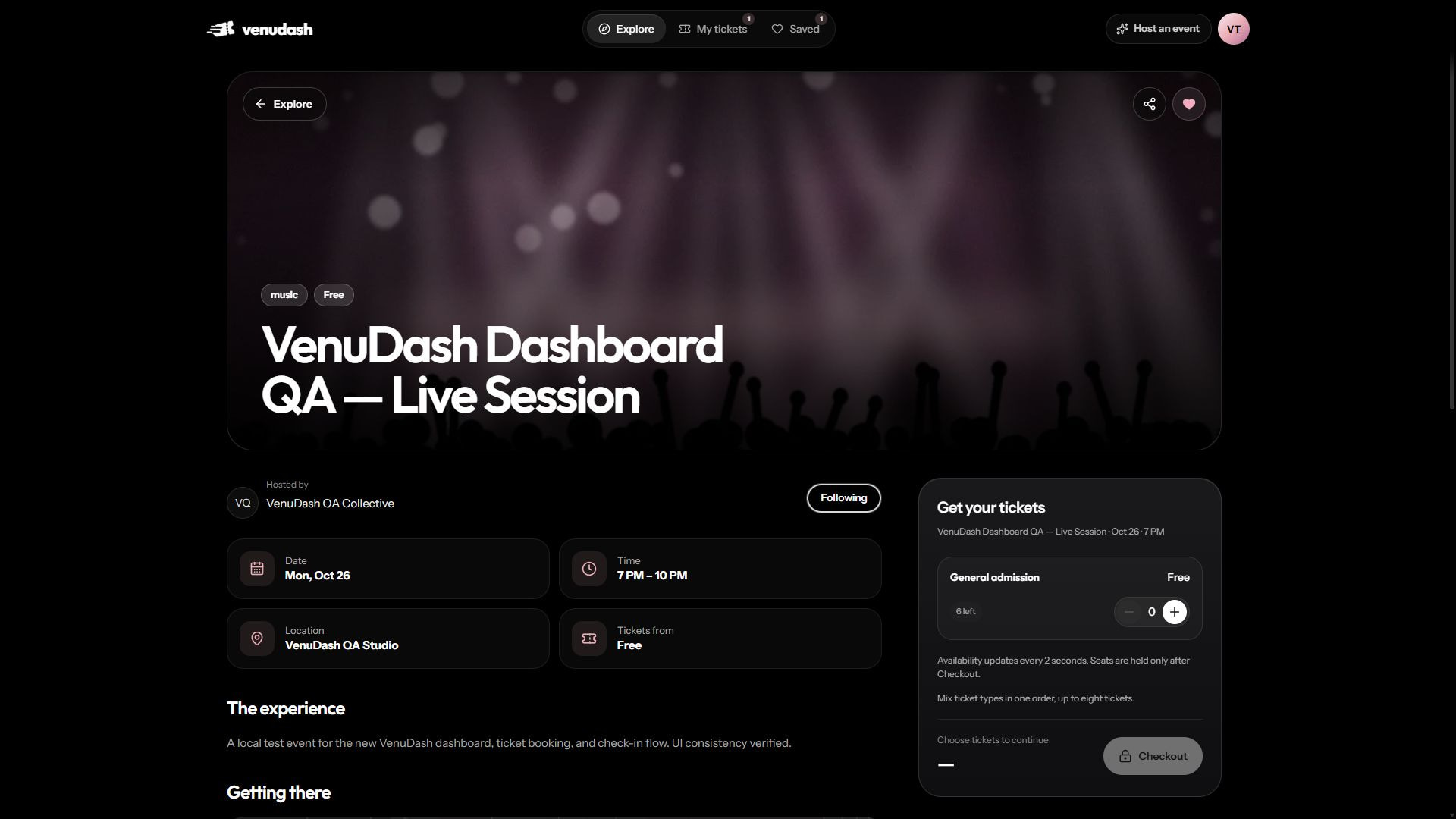A public event page with its banner, schedule, venue, and organizer